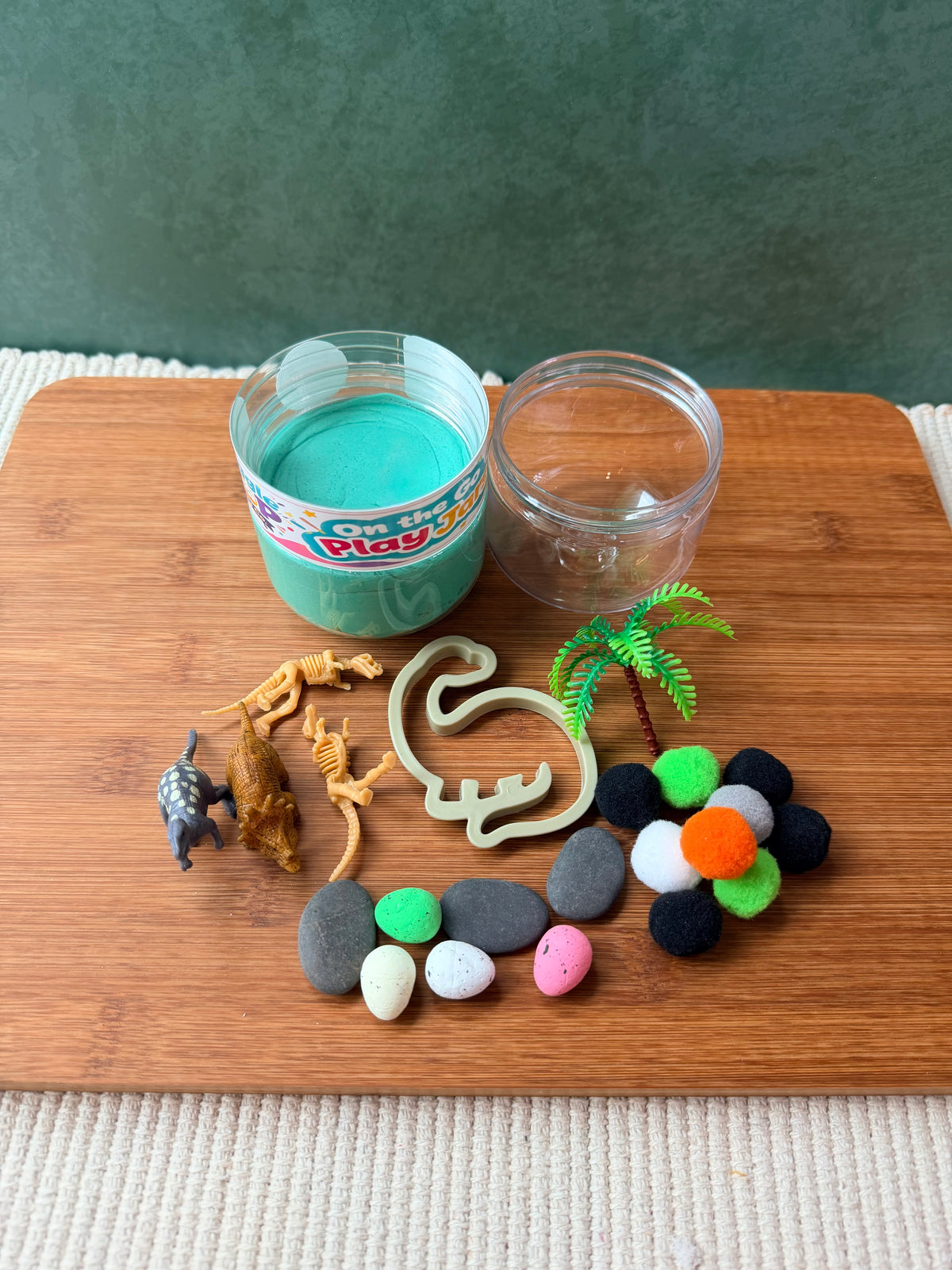 Dinosaur themed play dough jar. Double sided sensory jar 