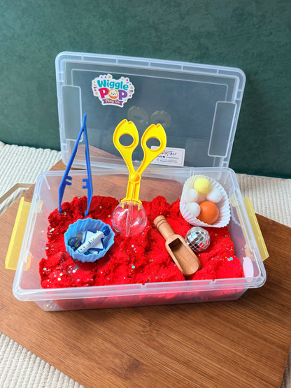 Kinetic sand space theme sensory bin for kids 