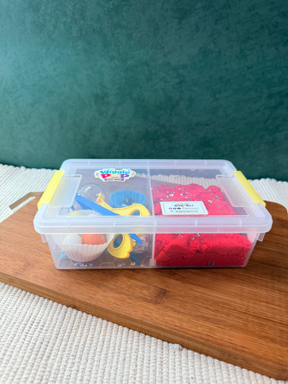 Kinetic sand take and play sensory bin. Travel sensory bin. Kids sensory bin space themed. 