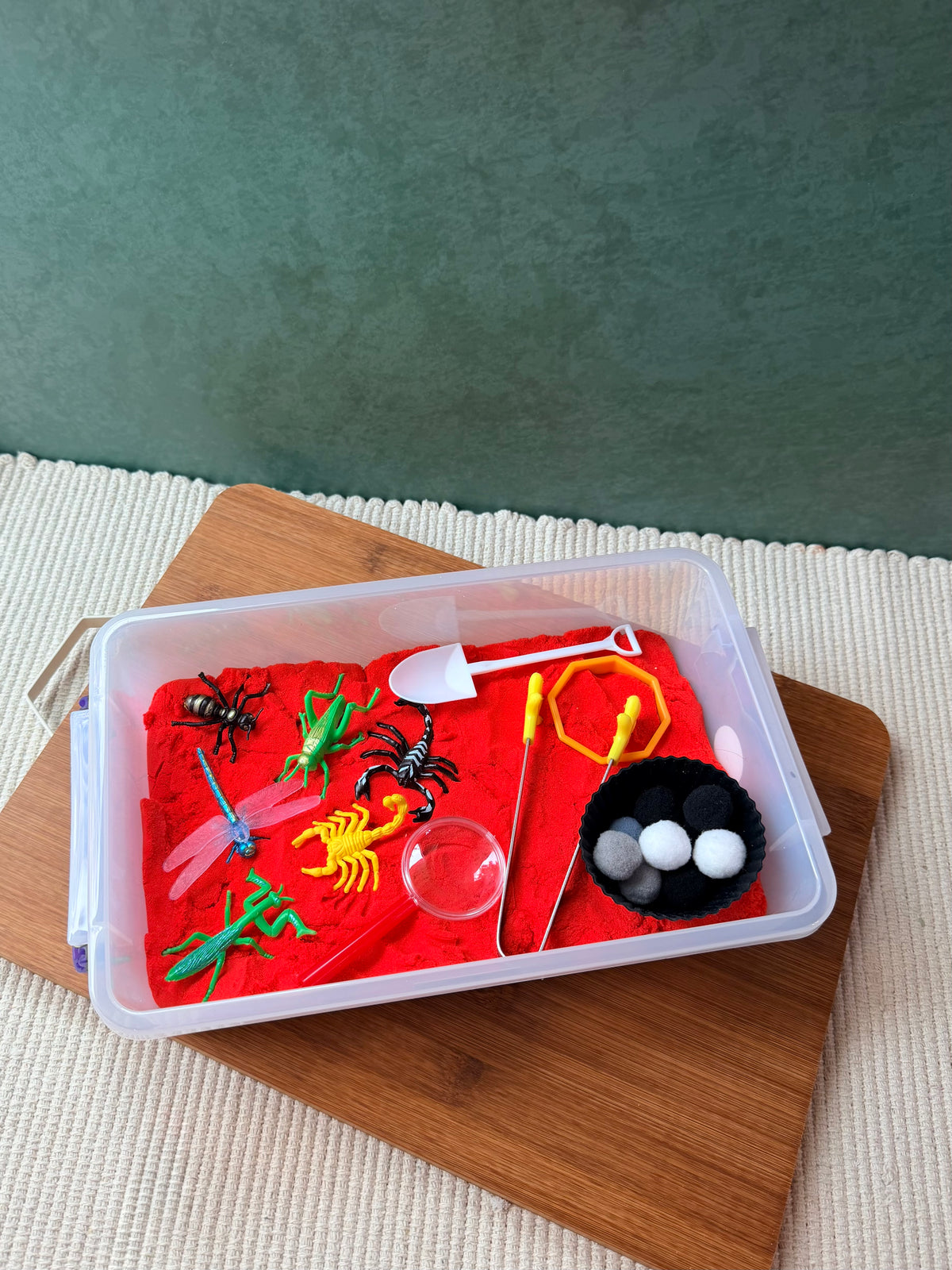 Kinetic sand sensory bin with lid. Nature theme, kinetic sand sensory bin.