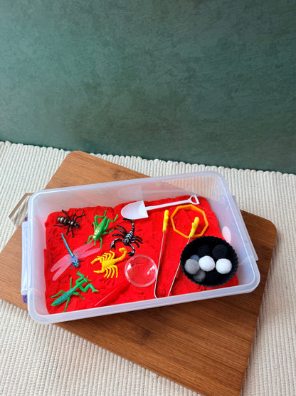 Kinetic sand sensory bin with lid. Nature theme, kinetic sand sensory bin.