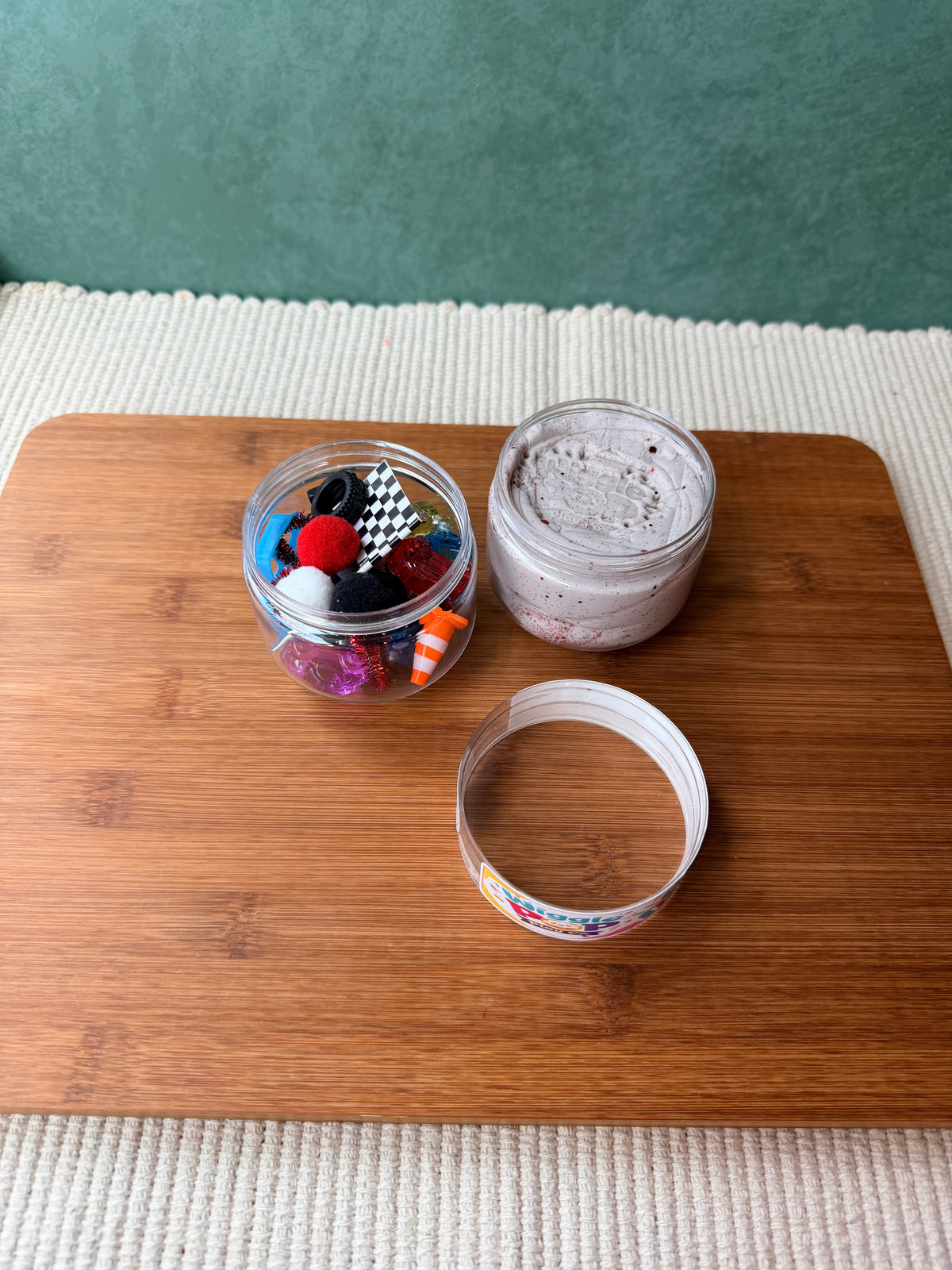 Double sided play jar. Travel play jar. Kids sensory jar. Kids play dough jar. Kids slime jar. 