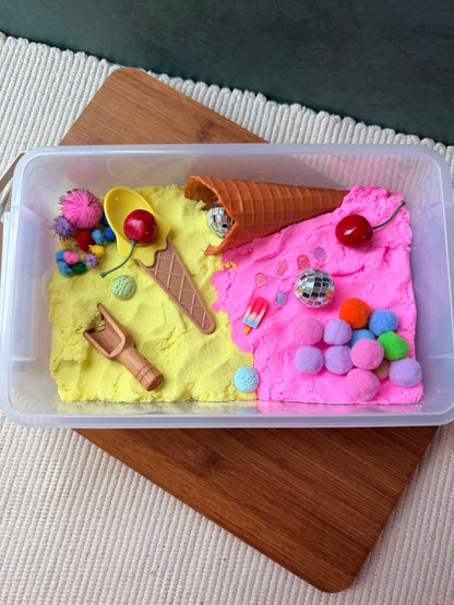 Large ice cream shop themed sensory bin. Large kinetic sand sensory bin. Kids sensory bin. 