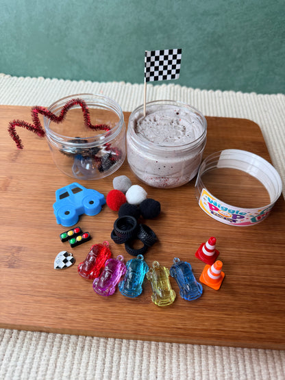 Race car themed play jar. Race car sensory jar. Travel sensory jar. Travel toys. 
