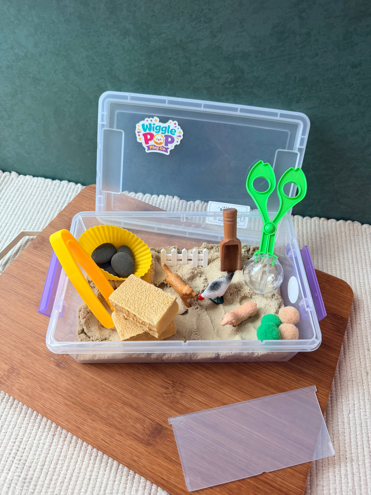Kids kinetic sand sensory bin with all accessories included. Travel sensory kit. 