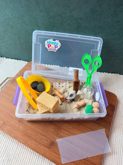 Kids kinetic sand sensory bin with all accessories included. Travel sensory kit. 