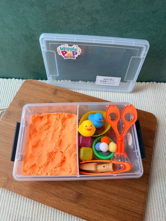 Kids kinetic sand sensory bin. Duck theme sensory bin. 