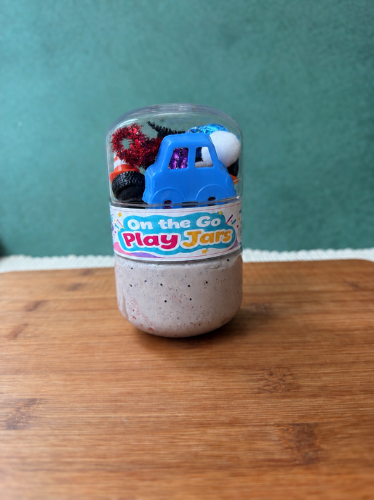 Double sided play jar. Double sided jar with play dough and play charms. Sensory Kit jar. On the go sensory jar. 