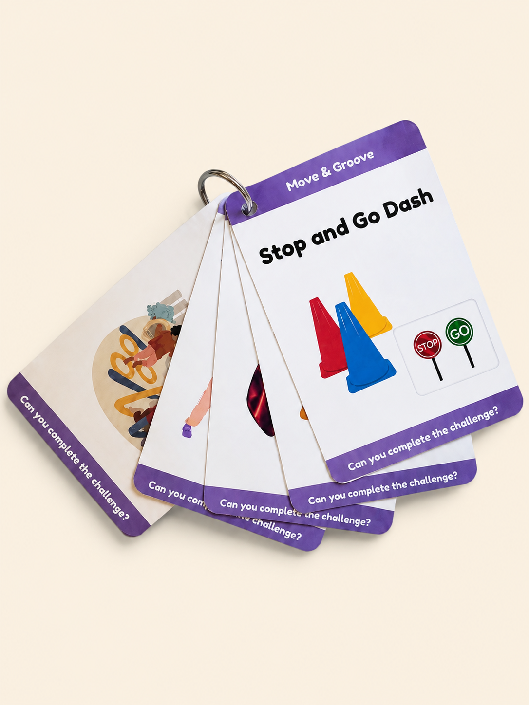 A fanned-out set of purple and white educational cards on a metal ring, titled 'Stop and Go Dash' under the brand 'Move & Groove', displayed on a light beige background.