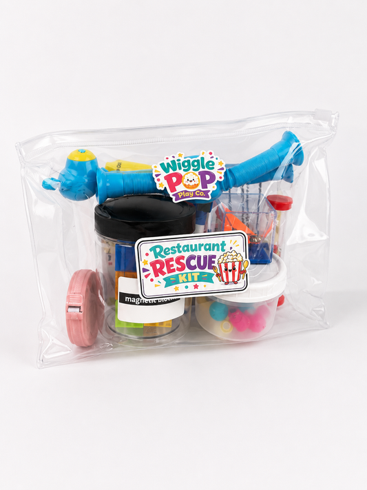 A toy restaurant rescue kit in a clear zippered bag, featuring a blue telescopic toy, a tape measure, a small challenge cube, and containers with colorful magnetic pieces. The front has a 'Wiggle Pop' logo and a 'Restaurant Rescue' sticker.